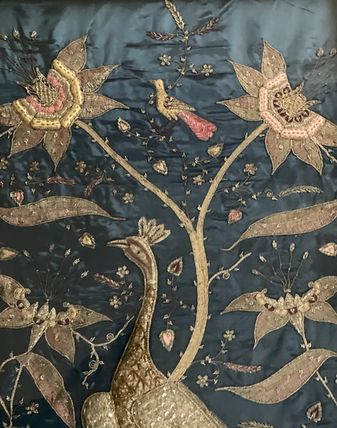 Antique Zardozi Embroidery Peacock & Tree of Life in Original Frame: C1900 India for export