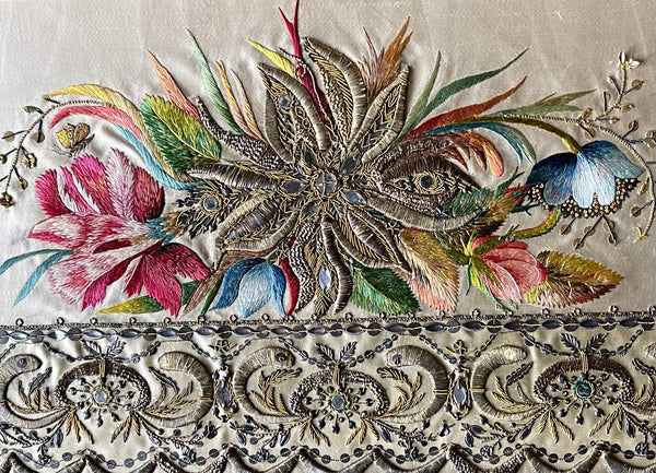 Pair of Museum Quality Italian Embroideries with Flowers and Insects Framed: C18th Italy