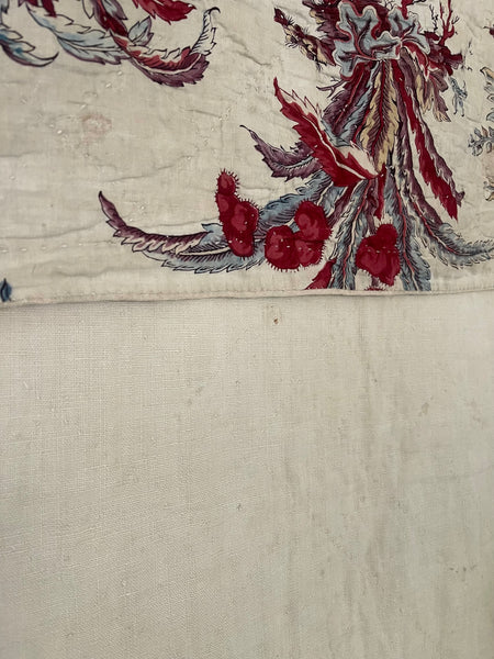 Rare Antique Indiennes Block Print Quilted Panel with Exotic Fruit and Foliage: C18th France