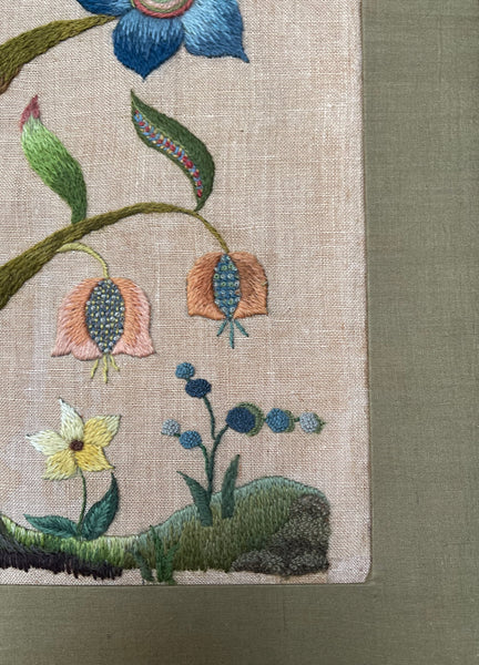 Arts and Crafts Tree of Life Embroidery Jacobean Revival Antique Crewelwork: C1920 Britain