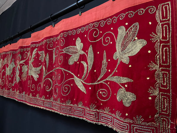 Red and Gold Embroidered Pelmet Walk Hanging with Birds: C20th Sumatra, Indonisia