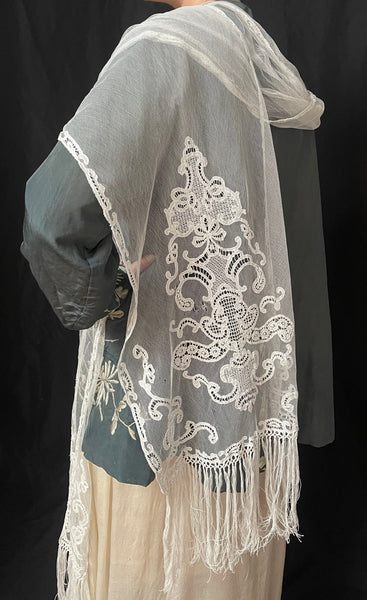 Antique Handmade Lace Stole Wrap: C19th France