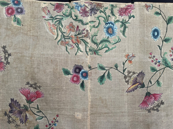 Antique Hand Painted Wallhanging with Butterflies and Flowers: C18th China for export to Europe.