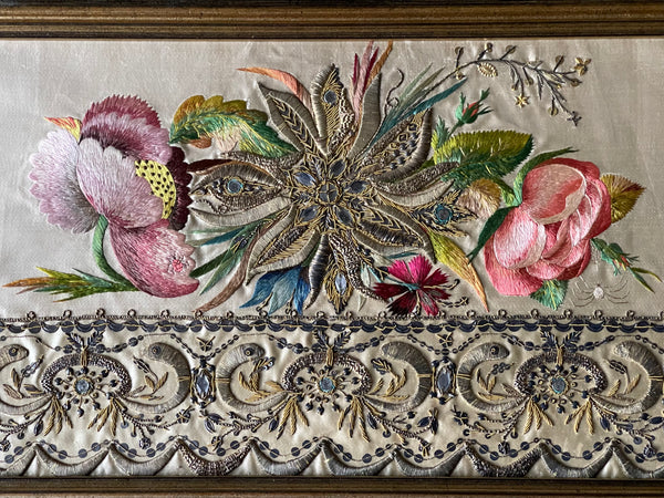 Pair of Museum Quality Italian Embroideries with Flowers and Insects Framed: C18th Italy