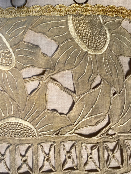 Pair Antique Art Deco French Richelieu Embroidered Linen Cafe Curtains Handmade Sunflower Motif