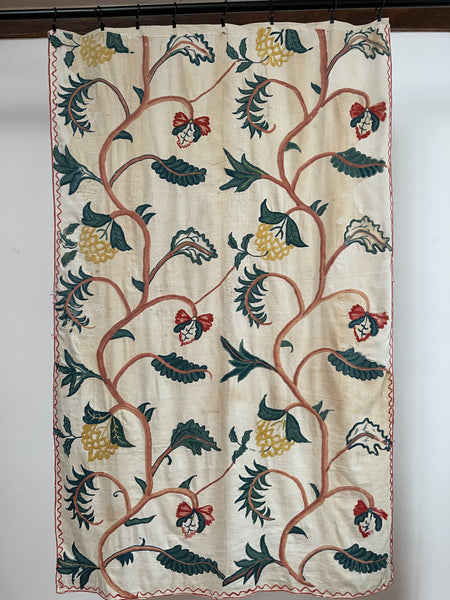 Original Antique Crewelwork Embroidered Bed Hanging: C18th Britain