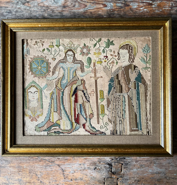 Rare Elizabethan Silk Embroidery with Saints, Insects, Pea-pods: C16th English