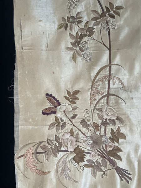 Three Fine Antique Silk Embroidered Panels Florals Butterflies Time Worn: C19th China