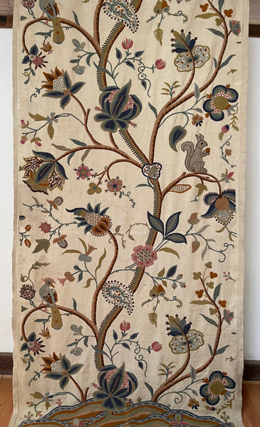 Antique Jacobean Revival Tree of Life Wallhanging with Birds and Squirrel: Early C20th Kashmir for export