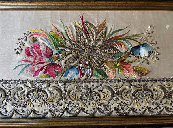 Pair of Museum Quality Italian Embroideries with Flowers and Insects Framed: C18th Italy