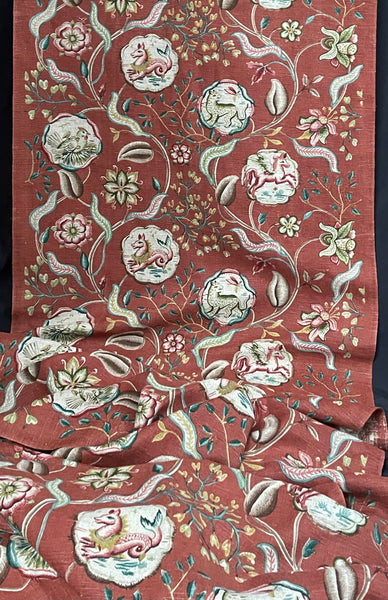Antique Jacobean Revival Printed Linen with Mythical Animals Yardage Interior Decor Upholstery: C20th Britain