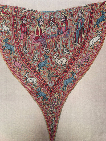 Fine Kashmir Embroidered Pocket with Figures, Animals and Birds: C19th Northern India