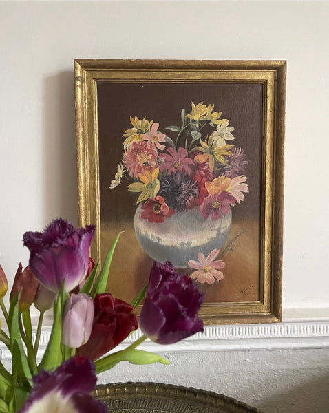 Still life Painting with Vase of Flowers: C1950 British
