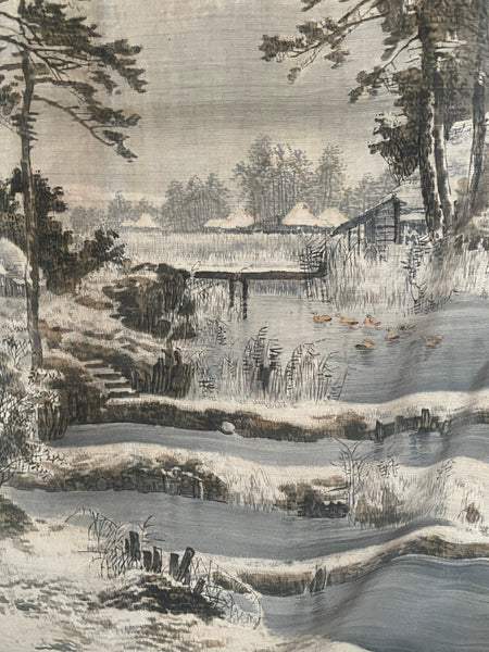 Hand Painted Silk and Velvet with Winter Water Landscape : C1900 Meiji Period, Japan