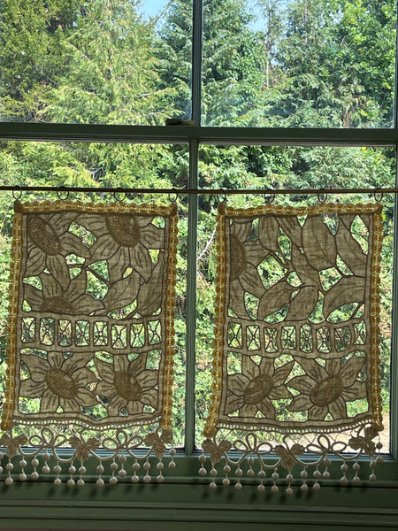 Pair Antique Art Deco French Richelieu Embroidered Linen Cafe Curtains Handmade Sunflower Motif