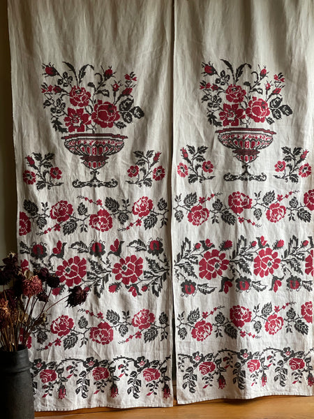 Antique Traditional Hand Embroidered Folk Art Curtain Panels with Urns and Roses: C19th Ukraine