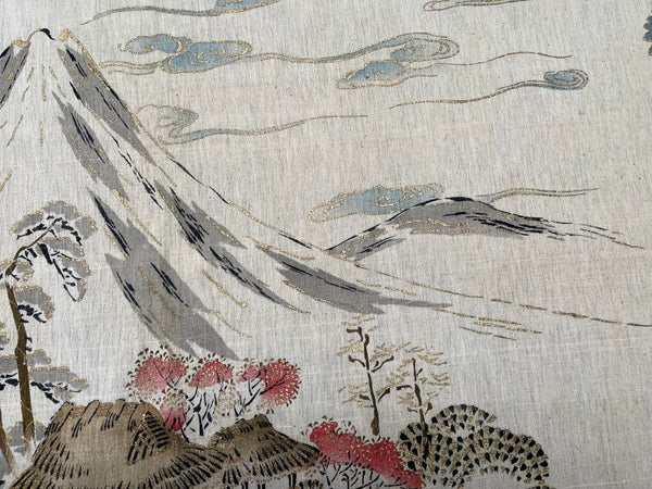 Traditional Block Printed Hand Painted Wallhanging with Mount Fuji: C1930 Japan
