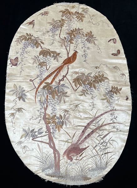 Antique Oval Silk Embroidery with Birds & Butterflies: C19th Qing dynasty, China