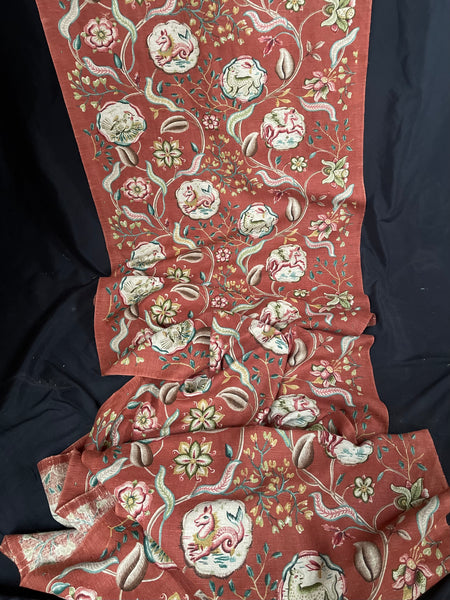 Antique Jacobean Revival Printed Linen with Mythical Animals Yardage Interior Decor Upholstery: C20th Britain