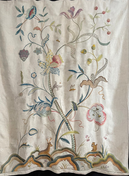 Antique Arts and Crafts Jacobean Revival Crewelwork Tree of Life Wallhanging: Early C20th Britain