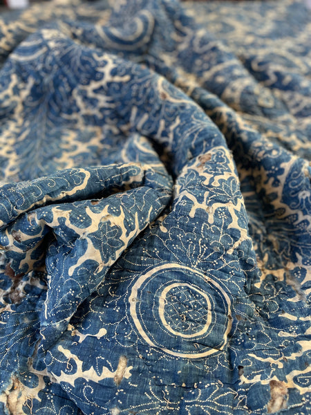 Antique Block Print Resist Dyed Quilted Toile de Rouen French Indigo: C 18th France