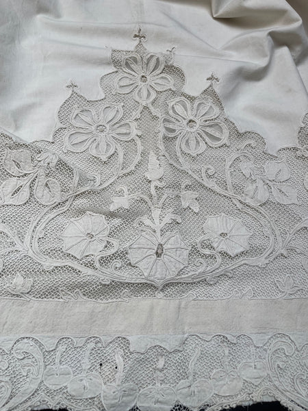 A Pair of Art Nouveau Cutwork and Embroidered Chateau Window Curtain Panels: C1900 France