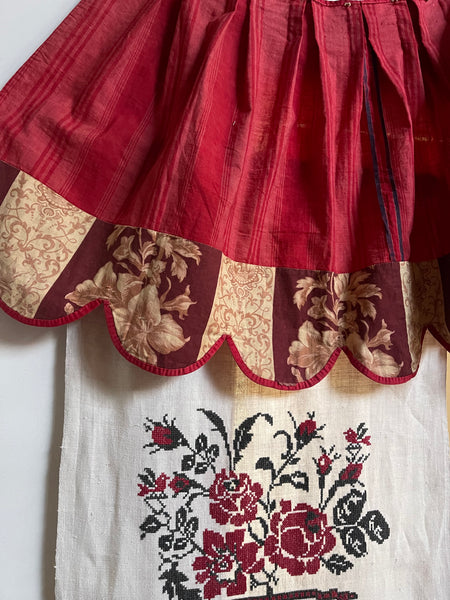 French Pink and Red Striped Ticking Pelmet with Chintz Border: C19th France