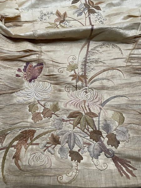 Three Fine Antique Silk Embroidered Panels Florals Butterflies Time Worn: C19th China