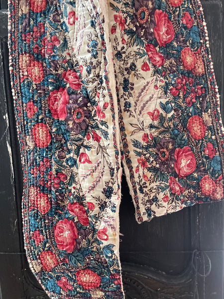 Antique Quilted Block Print & Hand Painted Floral Mezzaro Border: C19th Europe
