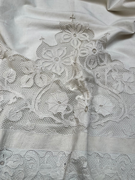 A Pair of Art Nouveau Cutwork and Embroidered Chateau Window Curtain Panels: C1900 France