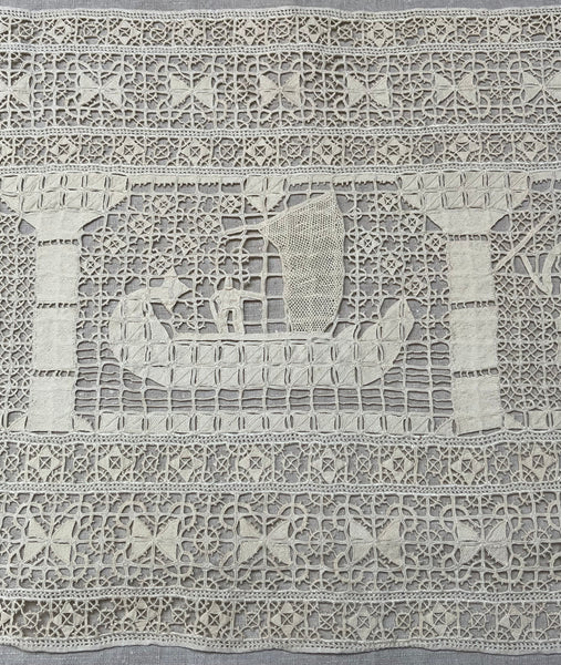 Antique Reticula Needlepoint Figurative Lace Panel Viking Ship: C1910 Europe