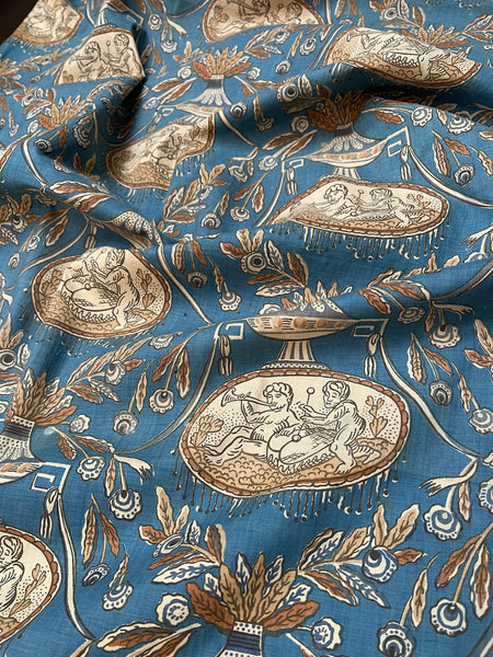 Rare Block Print Neoclassical Toile with Figures & Musical Instruments: C1800 France