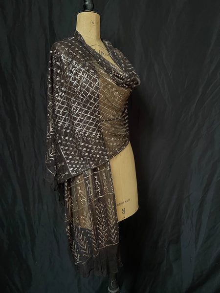 Art Deco Assuit Shawl Hand Embroidered Black with Silver Metal Thread: C1920 Egypt