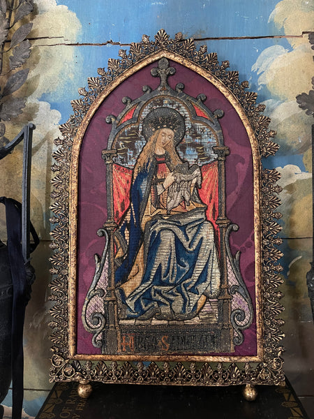 Antique Orphery Embroidery with Mary Queen of Heaven in Gothic Frame: Late C18th / 19th Century England