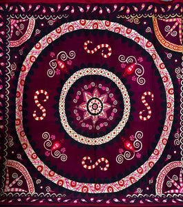 Antique Traditional Silk Embroidered Sun & Moon Suzani : C20th Tashkent, Uzbekistan
