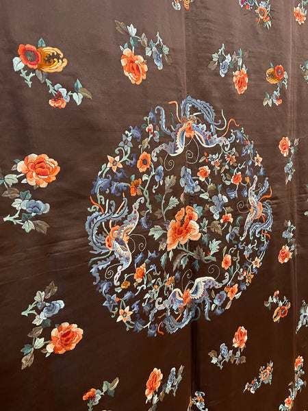 Fine Silk Embroidered Wallhanging with Symbolic Bats, Butterflies, Peonies: C19th China for export