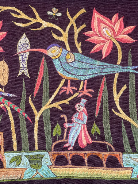 Antique Silk Embroidery with Houseboats, Birds and Florals: Late 19th, Srinagar, Kashmir, India