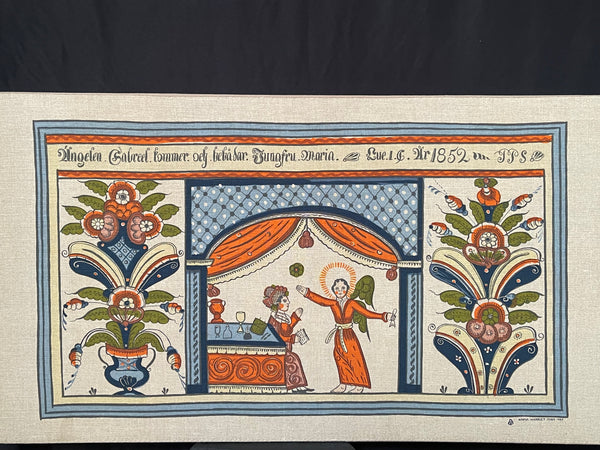 Traditional Block Printed Folk Art Wallhanging after C19th Painting Dalamålning: C1950s Jobs Workshop, Leksand, Sweden.