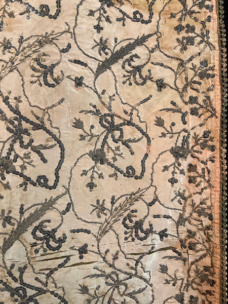 Antique Gilt Thread and Sequin Pink Silk Wallhanging: C18th Ottoman Turkey
