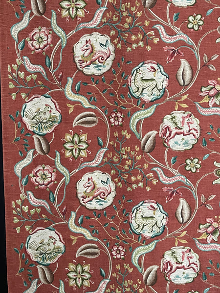 Antique Jacobean Revival Printed Linen with Mythical Animals Yardage Interior Decor Upholstery: C20th Britain
