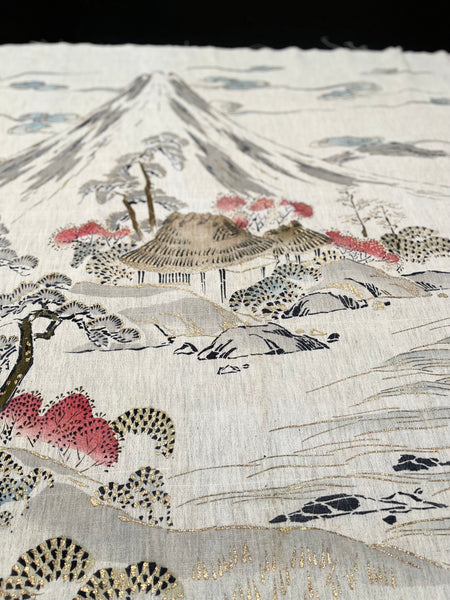 Traditional Block Printed Hand Painted Wallhanging with Mount Fuji: C1930 Japan