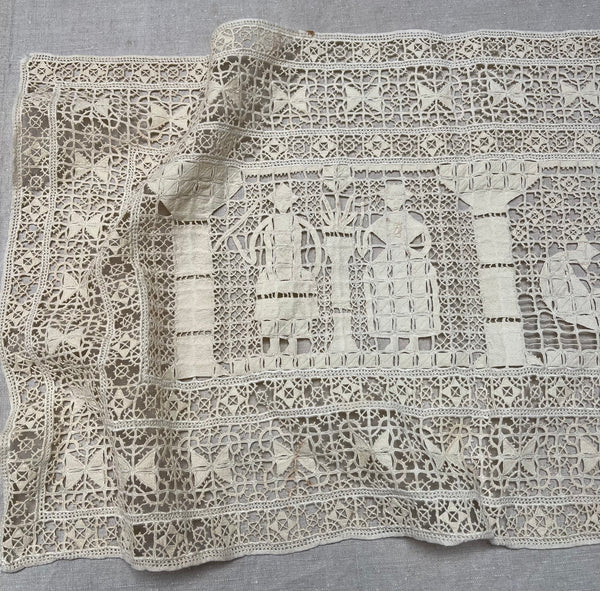 Antique Reticula Needlepoint Figurative Lace Panel Viking Ship: C1910 Europe