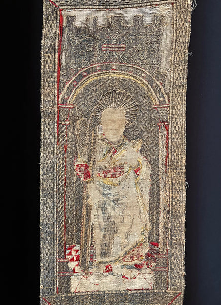 Rare Tudor Orphrey Silk and Metal Thread Embroidered Panels with Iconography Saints: C16th England