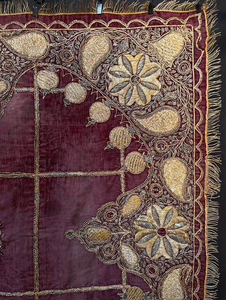 Antique Gold Gilt Thread Embroidered Silk Velvet Cover : C19th India