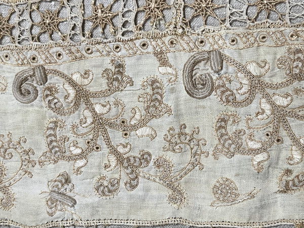Antique Renaissance Embroidered Early Needlework Lace with Snails Insects Birds: Late C16th early 17th century, Italy