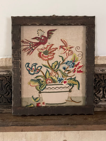 Charming Appliquéd Still Life with Early 18th Century Silk Embroidered Flowers, Bird and Fruit: C1910 English