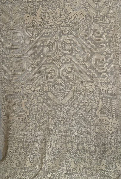 Antique Early Figurative Filet Lace Curtain Mythological Beasts Birds Tree of Life Hand Embroidered: C18th Italy