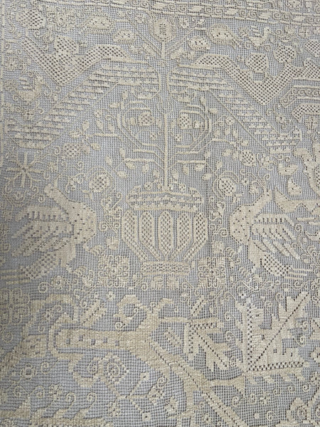 Antique Early Figurative Filet Lace Curtain Mythological Beasts Birds Tree of Life Hand Embroidered: C18th Italy