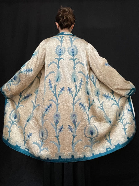 Art Deco Silk Embroidered Coat with Peacock Feathers: C1910 Britain