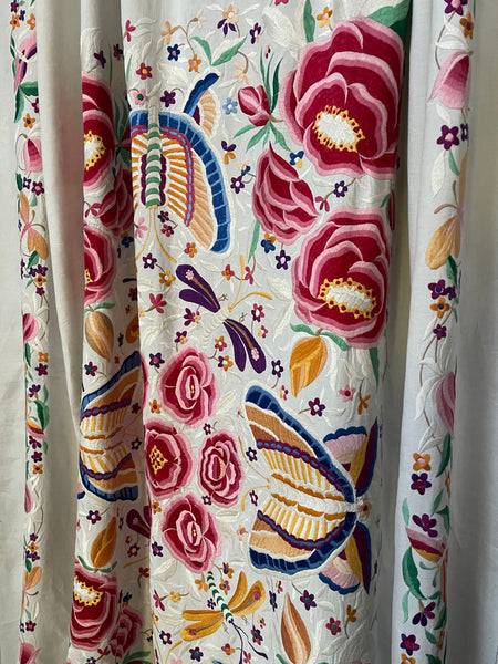 Antique Embroidered Bedcover Throw Curtain with Butterflies Florals Dragonflies: C20th Mexico